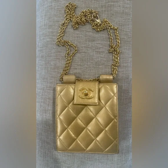 CHANEL Gold Quilted Crossbody Bag with Chain - Picture 1 of 12